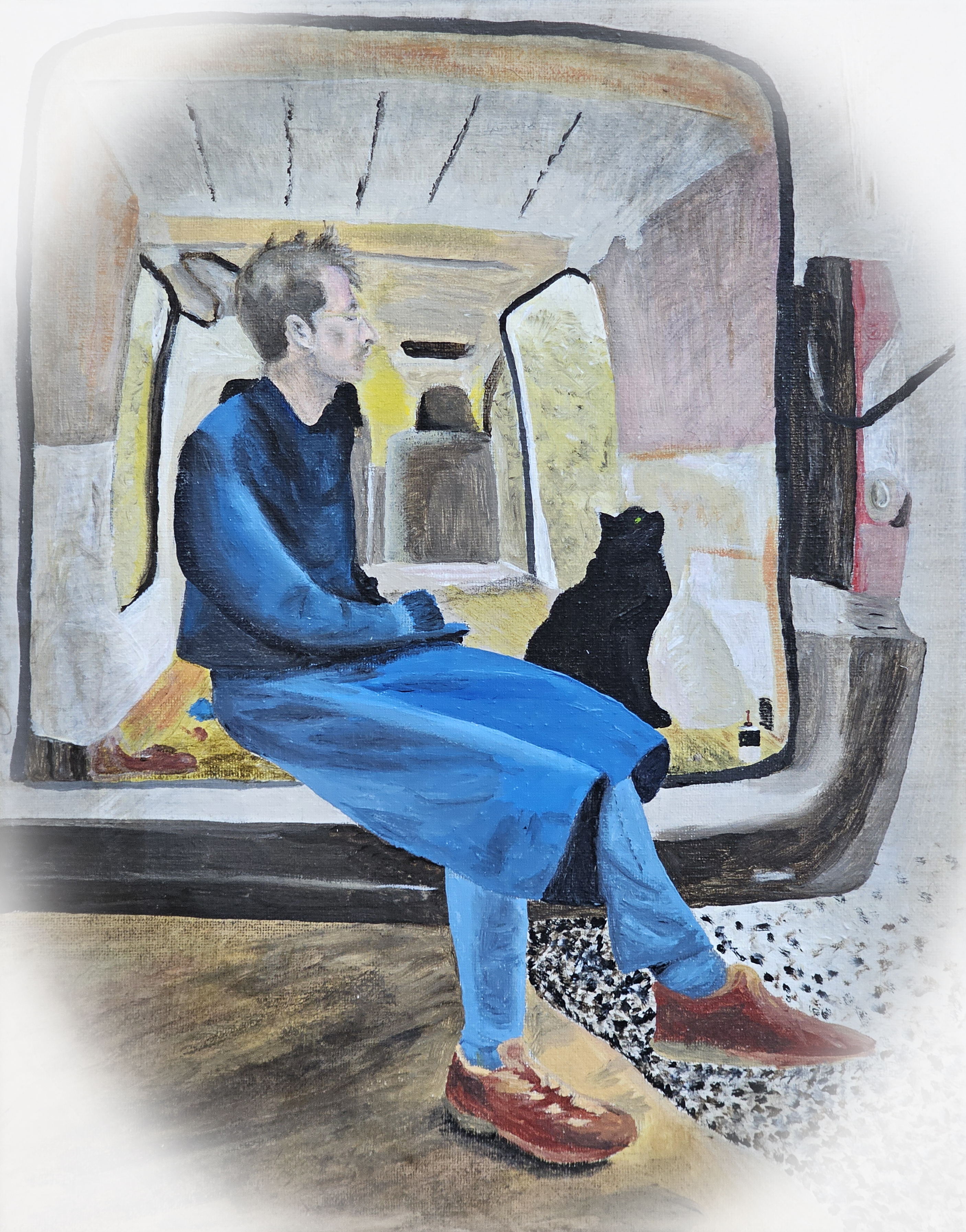 Painting of a man and a cat